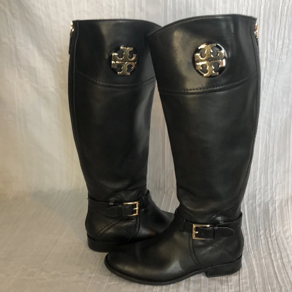 TORY BURCH Adeline size 5.5 black leather riding boots large gold Miller logo